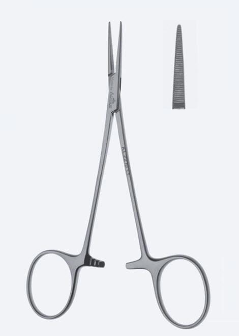 Зажими гемостатичні Micro Halsted-Mosquito, делікатні, прямі, зубчаті щелепи, з кремальєрою, довжина 125 мм. Бренд - Asanus Medizintechnik Gmb, Німеччина